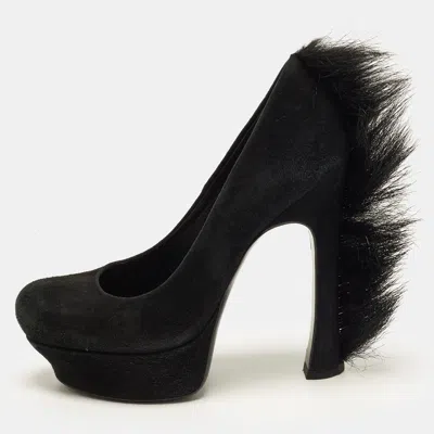 Pre-owned Saint Laurent Palais Size 36.5 Black Fur And Suede Platform Pumps