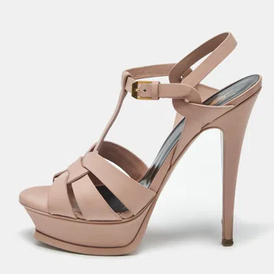 Pre-owned Saint Laurent Pale Pink Leather Tribute Platform Sandals Size 38
