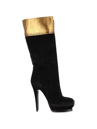 Pre-owned Saint Laurent Panelled Heeled Boots In Black