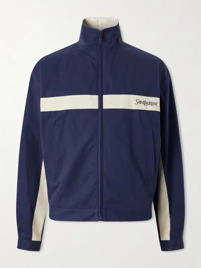 Saint Laurent Panelled Logo-embroidered Cassandre-embellished Cotton Jacket In Blue