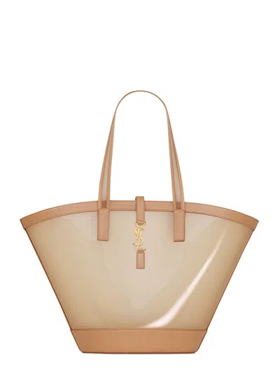 Saint Laurent 'panier Medium' Beige Tote Bag With Cassandre In Vinyl And Leather Woman In Multicolor