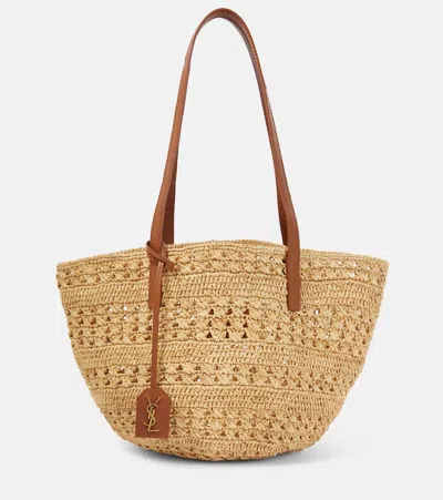 Saint Laurent Panier Small Leather-trimmed Raffia Tote Bag In Natural