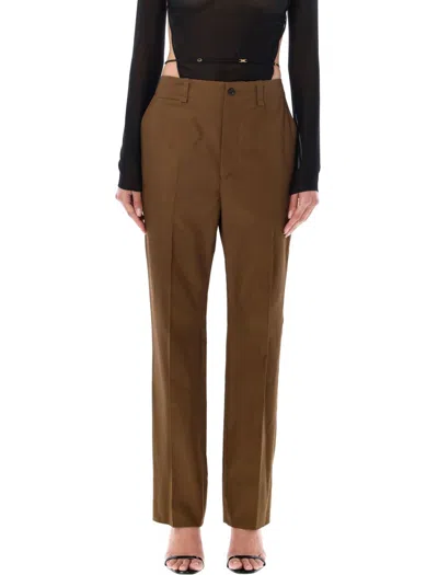 Saint Laurent Straight Pants With Pleats In Ecorce Khaki