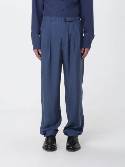 Saint Laurent Silk Trousers With Belt In Blue
