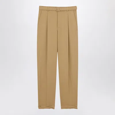 Saint Laurent High-waisted Tailored Trousers With Belt In Beige Wool In Brown