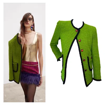 Pre-owned Saint Laurent Paris 2021 Green Tweed Jacket With Cabochon Buttons, Size Fr38
