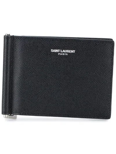 Saint Laurent Paris Bill Clip Wallet In Grain De Poudre Leather In Red