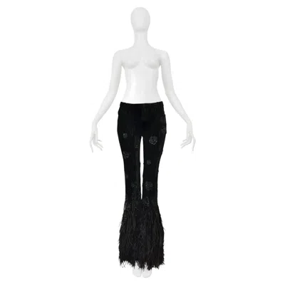 Pre-owned Saint Laurent Paris Black Velvet And Feather Flare Pants With Intricate Beading
