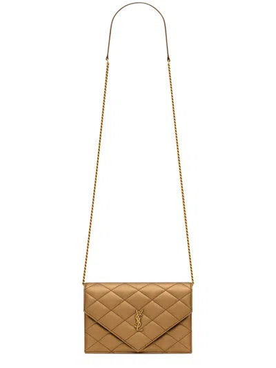 Saint Laurent Paris Chain Wallet In Metallic Leather In Brown