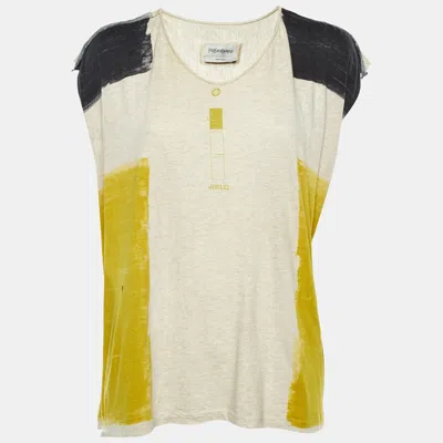 Pre-owned Saint Laurent Paris Cream Printed Cotton Distressed T-shirt L In White
