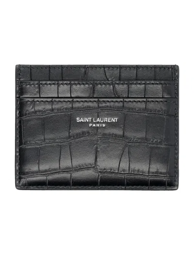 Saint Laurent Paris Credit Card Case In Crocodile-embossed Leather In Blue