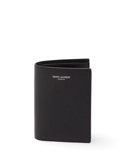 Saint Laurent Paris Credit Card Wallet In Grain De Poudr In Black
