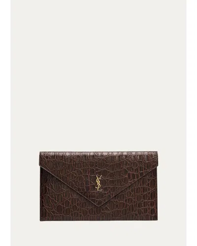 Saint Laurent Paris Crocodile-embossed Leather Pochette In Easy Brown