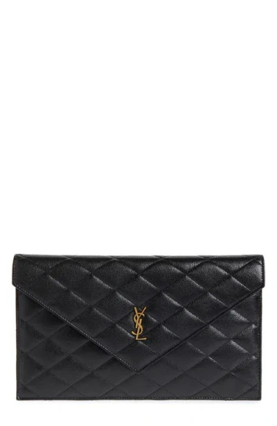 Saint Laurent Paris Diamond Quilted Grain De Poudre Leather Envelope Pouch In Black