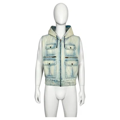 Pre-owned Saint Laurent Paris Distressed Hooded Cargo Denim Bomber Jacket Vest In Gray