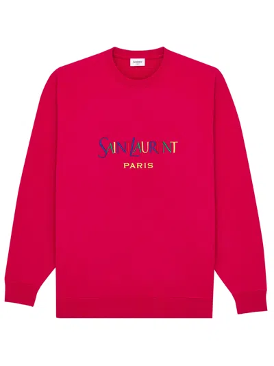 Saint Laurent Paris Embroidered Cotton Crewneck Sweater In Red
