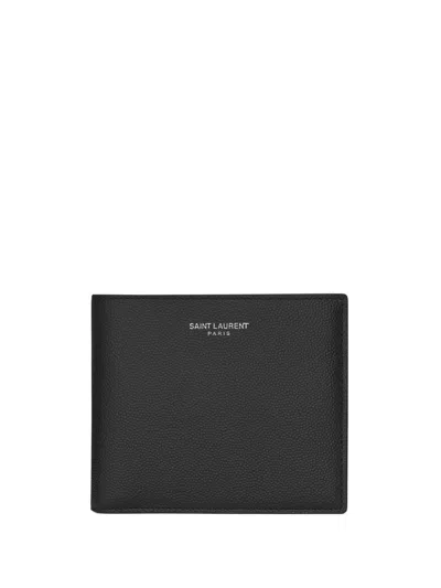 Saint Laurent Logo-embellished Upcycled Cross-grain Leather Bifold Wallet In Black