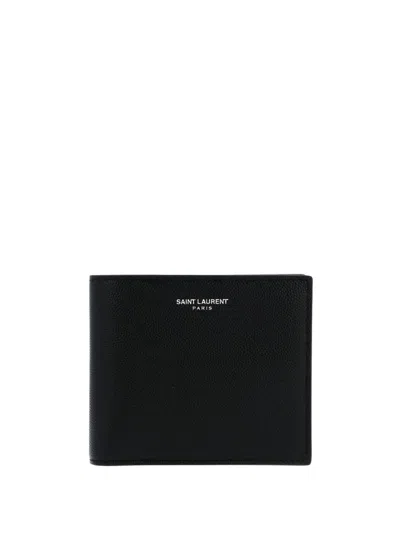 Saint Laurent Paris Logo Print Leather Wallet In Black