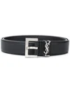 Saint Laurent Squared Buckle Smooth Leather Cassandre Thin Belt Accessories In Black