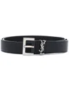 Saint Laurent Squared Buckle Smooth Leather Cassandre Thin Belt Accessories In Black