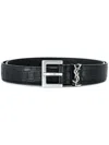 Saint Laurent Squared Buckle Smooth Leather Cassandre Thin Belt Accessories In Black