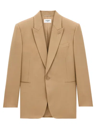 Saint Laurent Paris Men Wool Gabardine Single-breasted Jacket In Beige