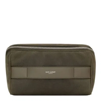 Saint Laurent Paris Olive Cotton Toiletry Pouch In Green