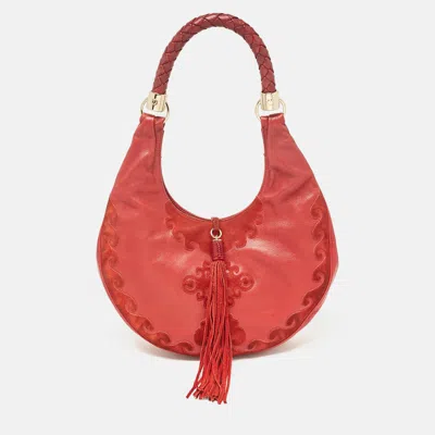 Pre-owned Saint Laurent Paris Red Leather And Suede Rive Gauche Tassel Hobo