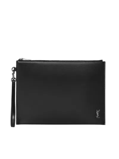 Saint Laurent Paris Tablet Holder With Zip In Grain De Poudre Embossed Leather In Black