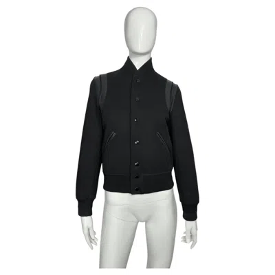 Pre-owned Saint Laurent Paris Varsity Wool Bomber Jacket With Leathe In Black