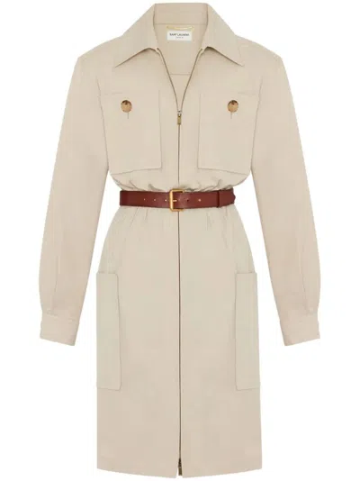 Saint Laurent Saharienne Dress With Belt In Mastic Clair