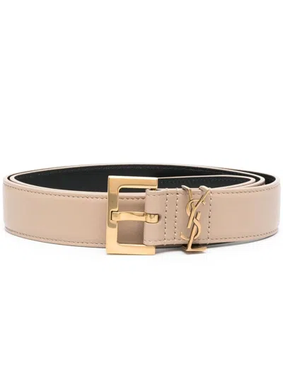 Saint Laurent Paris Women Cassandre Belt With Square Buckle In Smooth Leather In Beige