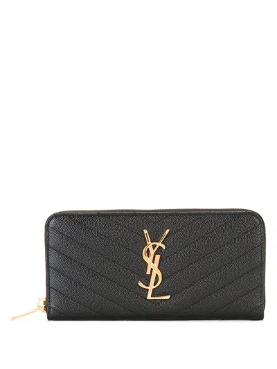 Saint Laurent Paris Women Cassandre Matelassé Zip Around Wallet In Grain De Poudre Leather In Black
