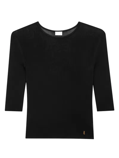 Saint Laurent Paris Women Cassandre Semi-sheer Knitted Top In Black
