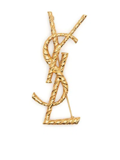 Saint Laurent Paris Women Cassandre Twisted Stripe Metal Brooch In Silver