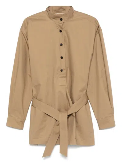Saint Laurent Paris Women Cotton Serge Half-buttoned Belted Tunic In Beige