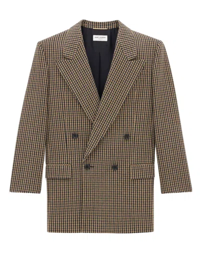 Saint Laurent Paris Women Giacca In Lana Vichy In Brown