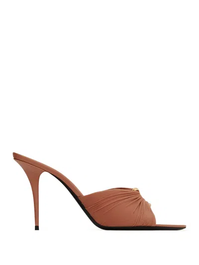 Saint Laurent Lola 90 Mules Smooth Leather Draped Jersey In Brown