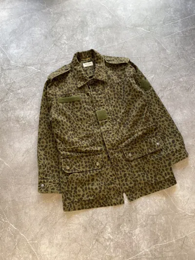Pre-owned Saint Laurent Paris X Yves Saint Laurent Saint Laurent Paris Leopard Print Military Jacket Y2k In Green