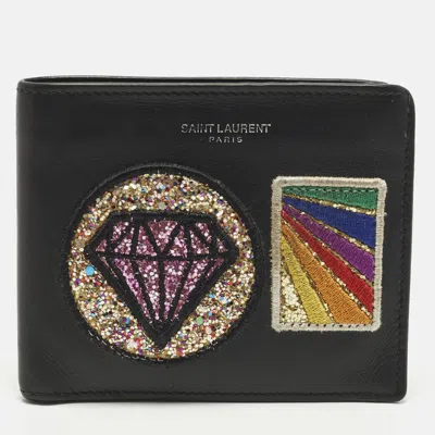Pre-owned Saint Laurent Patches Black Leather Bifold Wallet