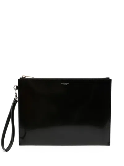 Saint Laurent Patent-finish Leather Clutch Bag In Black