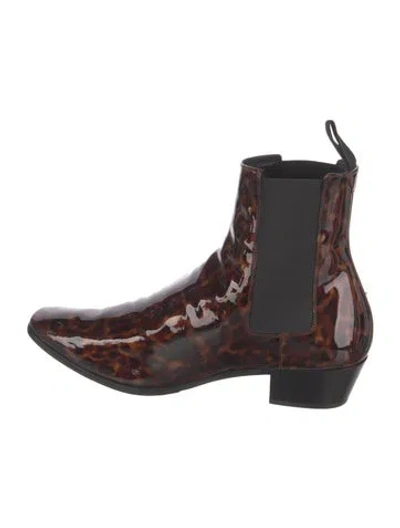 Pre-owned Saint Laurent Patent Leather Animal Print Chelsea Boots In Brown
