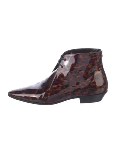 Pre-owned Saint Laurent Patent Leather Animal Print Lace-up Boots In Brown