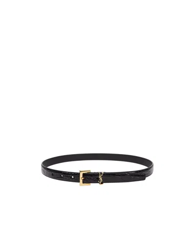 Saint Laurent Patent Leather Crocodile Pattern Belt In Black