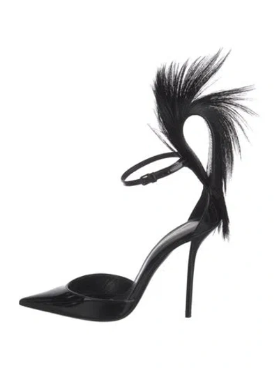 Pre-owned Saint Laurent Patent Leather Fur Trim Pumps In Black
