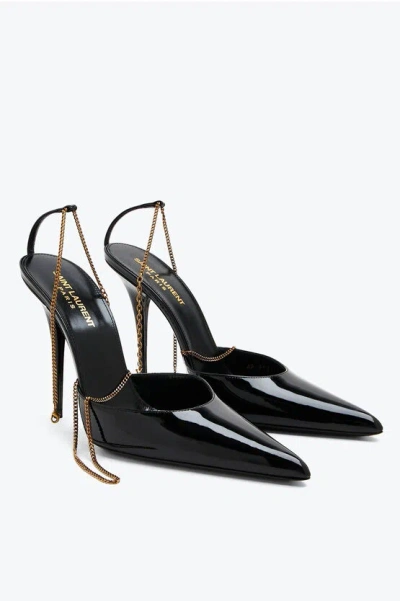 Saint Laurent Patent Leather Mules With Logoed Chain 11cm In Black