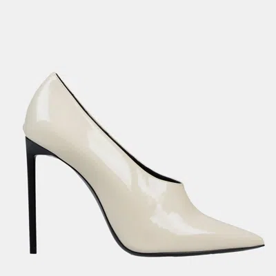 Pre-owned Saint Laurent Patent Leather Pointed Toe Pumps Size 38.5 In Beige