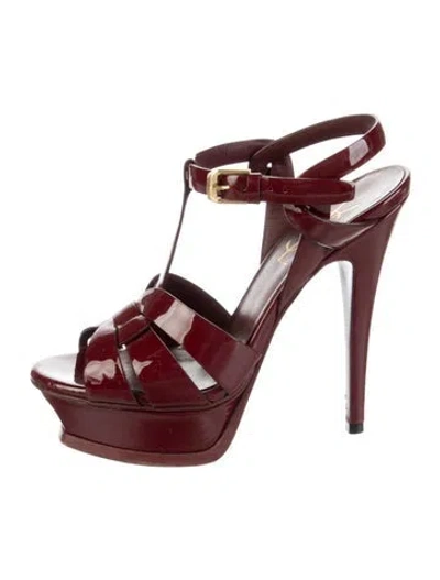Pre-owned Saint Laurent Patent Leather T-strap Pumps In Burgundy