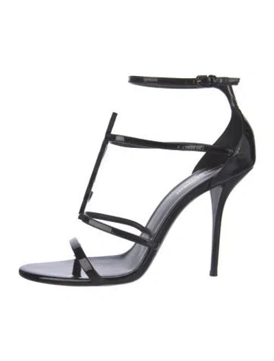 Pre-owned Saint Laurent Patent Leather T-strap Sandals In Black