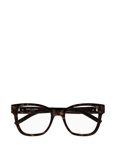 Saint Laurent Patterned Logo-plaque Glasses In Brown